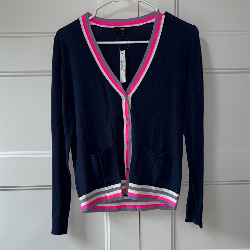 NWT J. Crew Navy Cardigan with Pink Trim - Picture 3 of 6